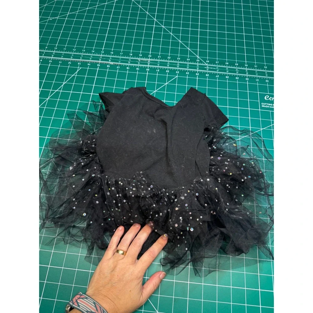 Girls Black Short Sleeve Tutu Leotard Sequin Glitter Ballet Dance Dress Size 120